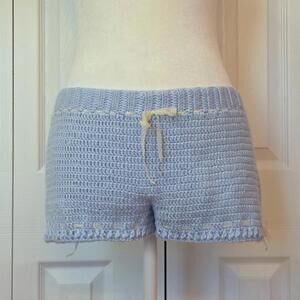 Y2K Coquette Baby Blue Hand Crochet Shorts Size XS Lace Ribbon Mini Micro Beach